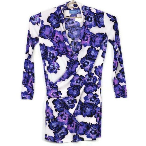 Simply Vera Wang Wrap‎ Dress White Purple Floral Stretch PS Petite Small - Picture 1 of 10